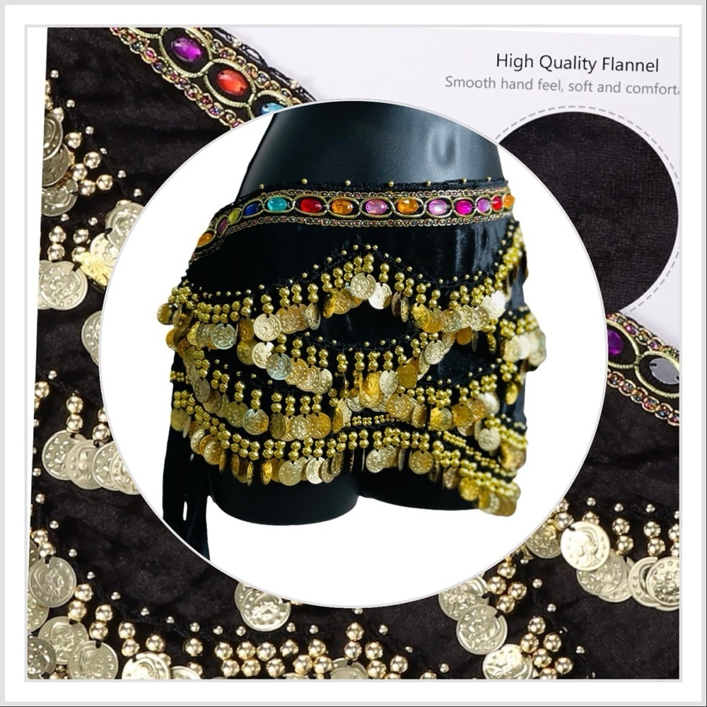 Black and Gold Coins Belly Dance Hip with Colorful Gems